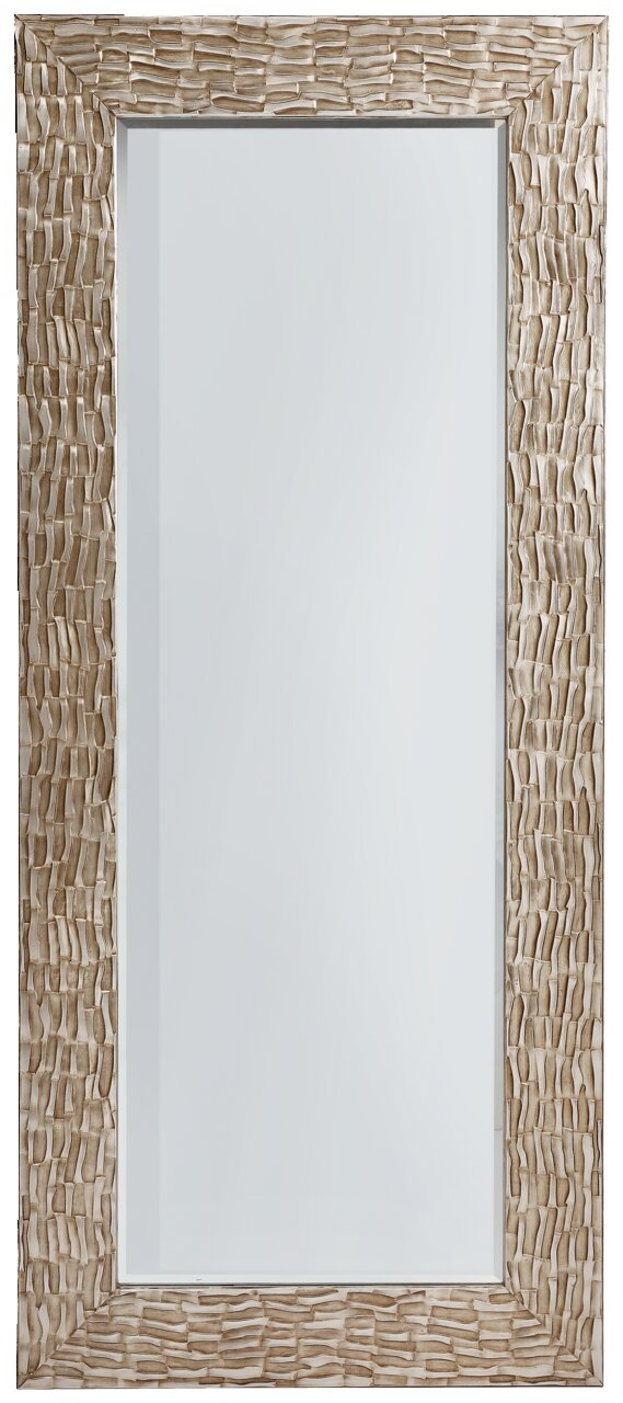 Rechteckiger Spiegel mit dekorativem, strukturiertem Rahmen in Goldoptik, frontal abgebildet.