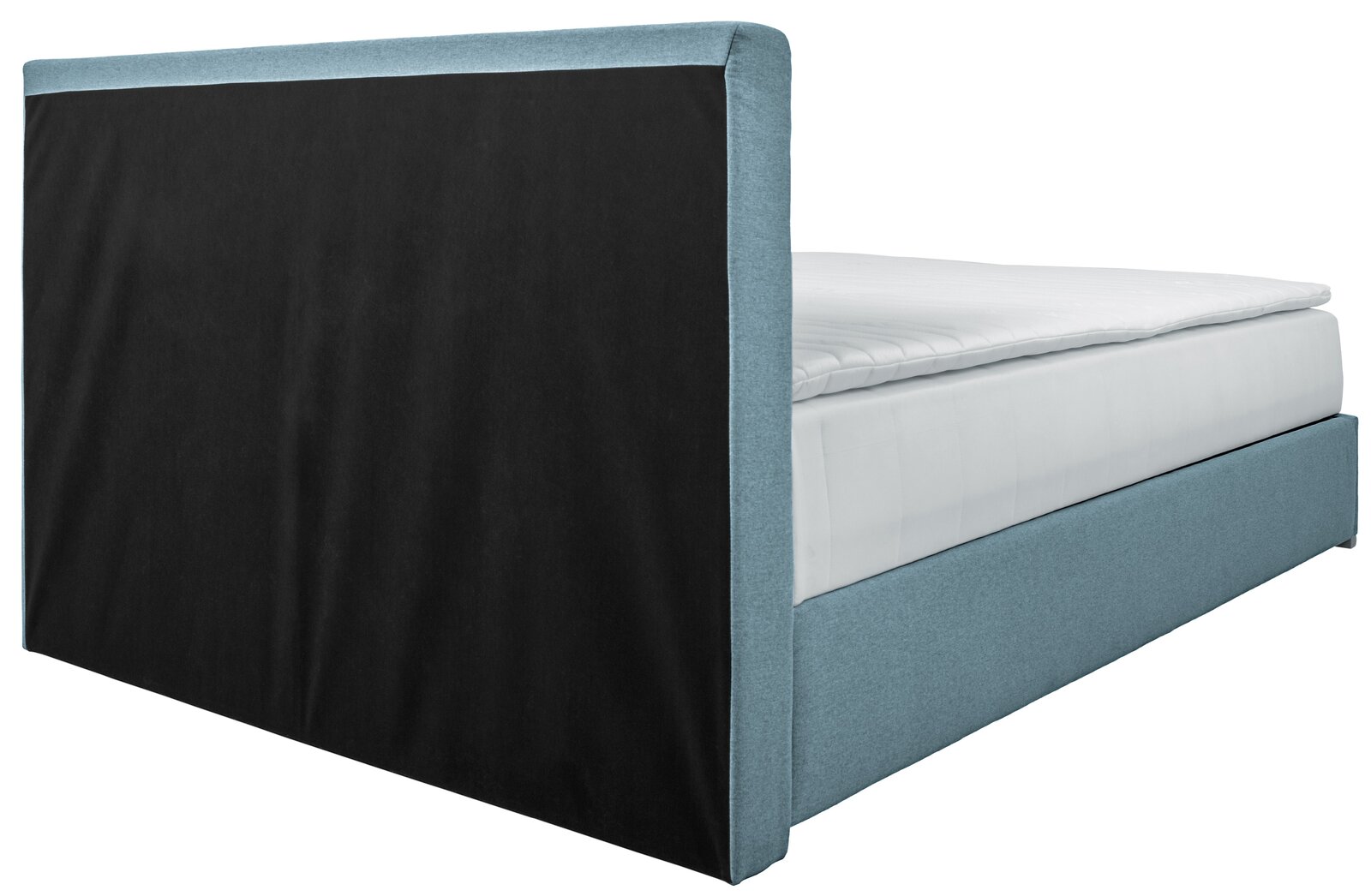 Boxspringbett TOM in hellblauem Stoffbezug, seitliche Perspektive