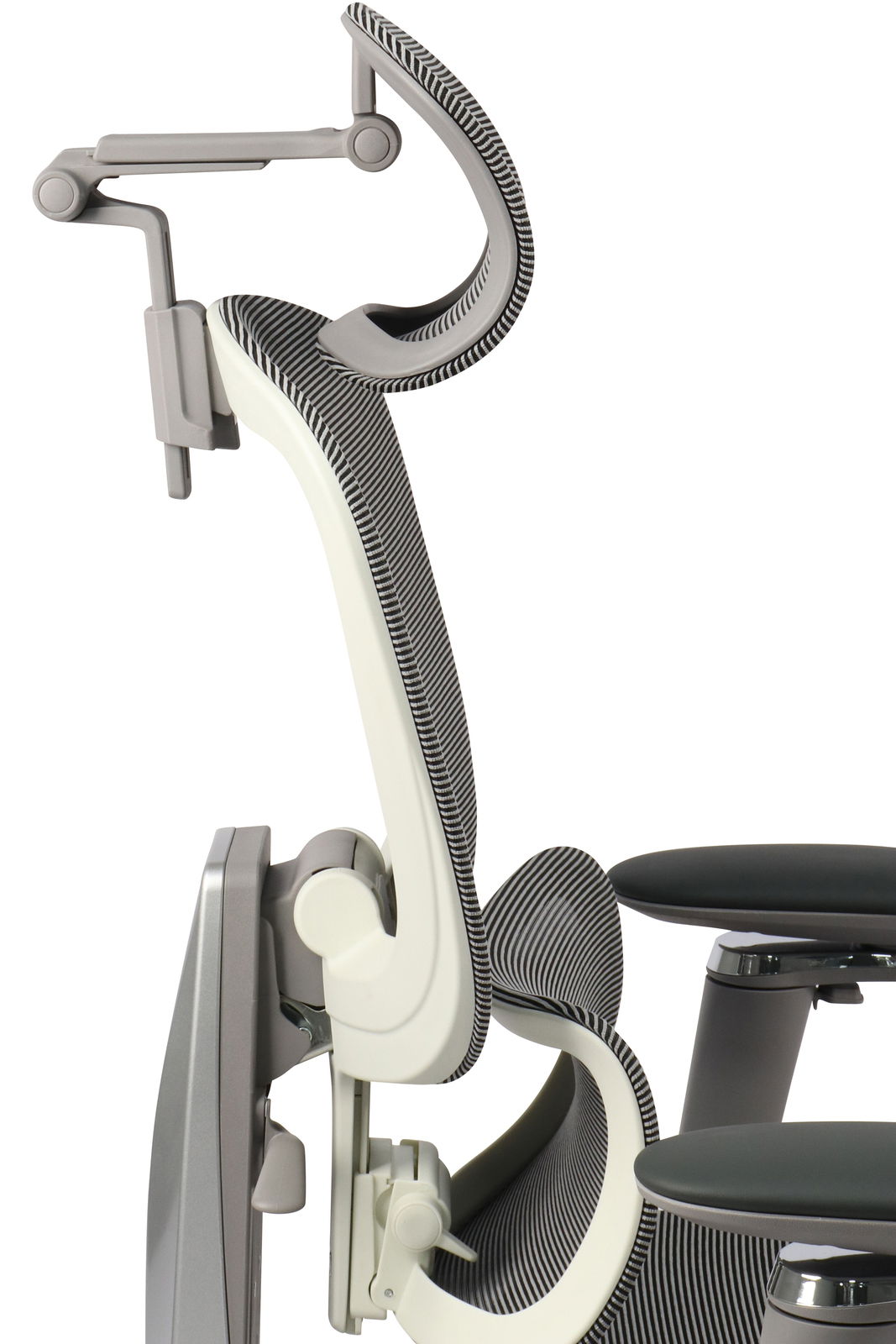 Seitenansicht eines modernen Drehstuhls mit ergonomischer Rückenlehne und Kopfstütze.