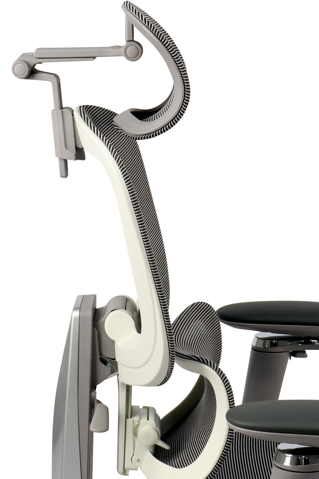 Seitenansicht eines modernen Drehstuhls mit ergonomischer Rückenlehne und Kopfstütze.