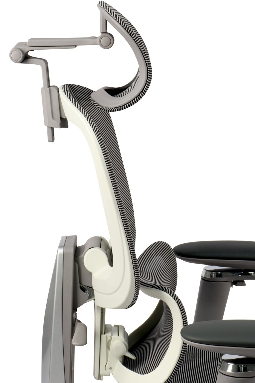 Seitenansicht eines modernen Drehstuhls mit ergonomischer Rückenlehne und Kopfstütze.