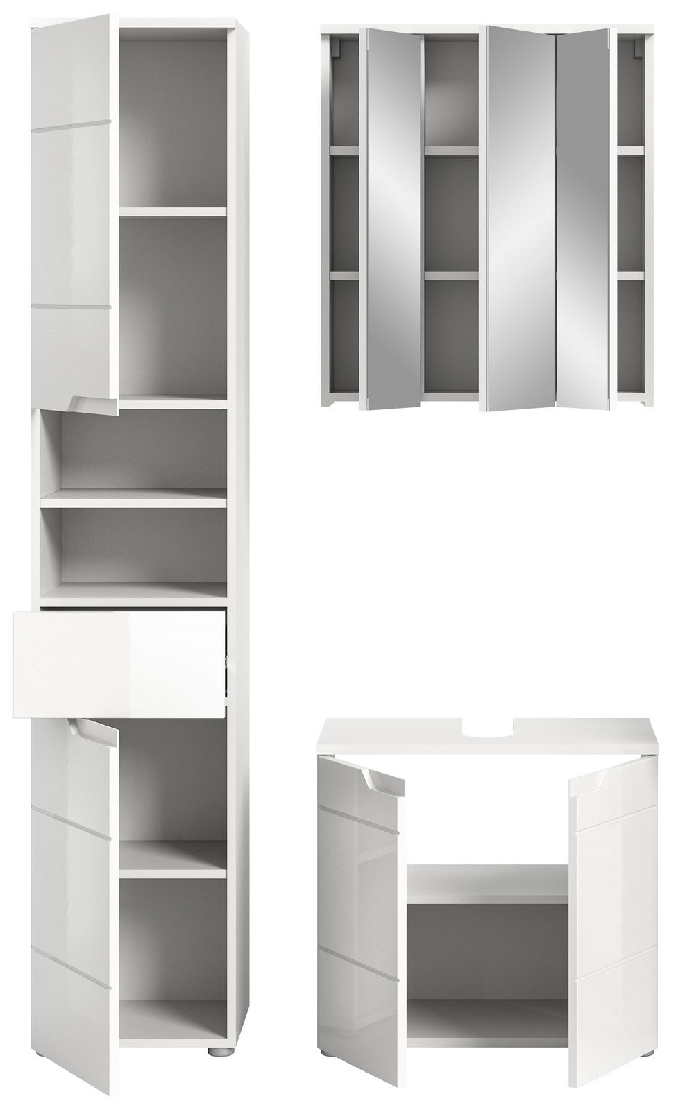 Badezimmermöbel-Set bestehend aus einem hohen Schrank mit offenen Fächern und Schublade, einem Spiegelschrank mit mehreren Türen und einem Unterschrank mit zwei Türen, aus der Frontansicht.