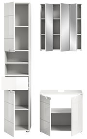 Badezimmermöbel-Set bestehend aus einem hohen Schrank mit offenen Fächern und Schublade, einem Spiegelschrank mit mehreren Türen und einem Unterschrank mit zwei Türen, aus der Frontansicht.