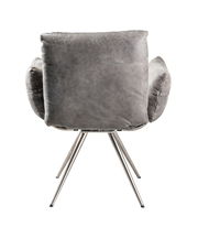 Rückansicht eines grauen Sessels mit Metallbeinen