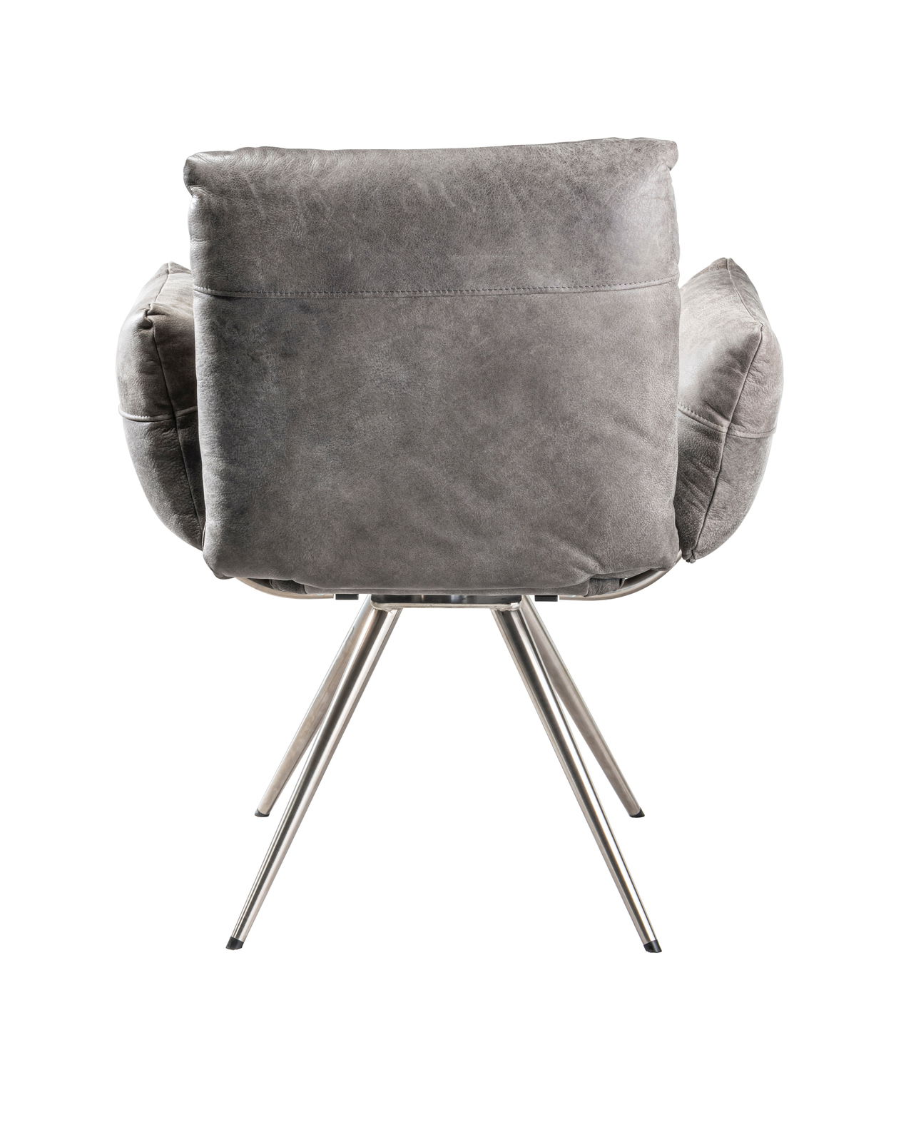 Rückansicht eines grauen Sessels mit Metallbeinen