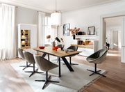 Esszimmer mit modernem Esstisch aus Holz und Metall, umgeben von grauen Stühlen auf einem hellen Teppich. Im Hintergrund eine beleuchtete Vitrine und ein Sideboard, seitliche Perspektive.