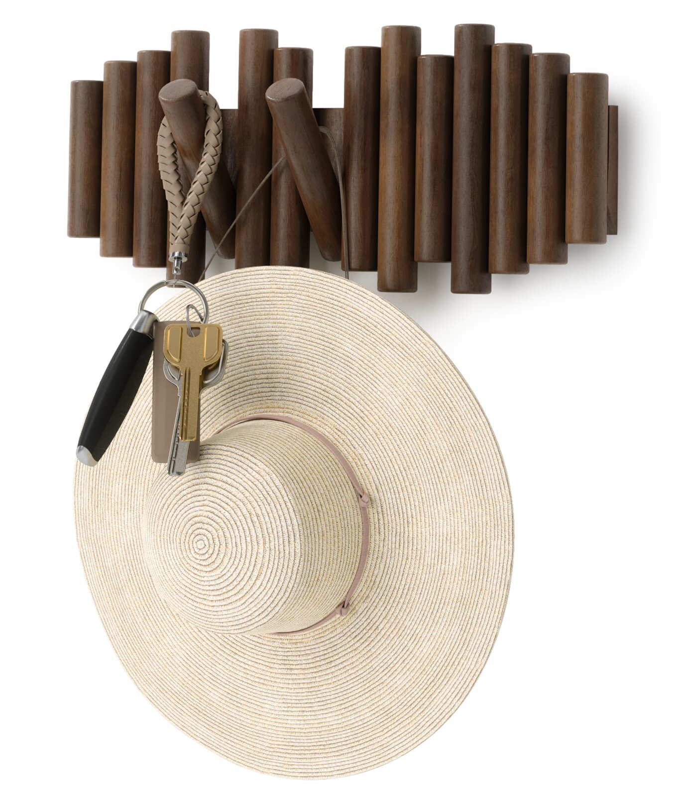 Wandgarderobe aus Holz mit mehreren Haken, an denen ein Strohhut und Schlüssel hängen, aus der Vorderansicht.