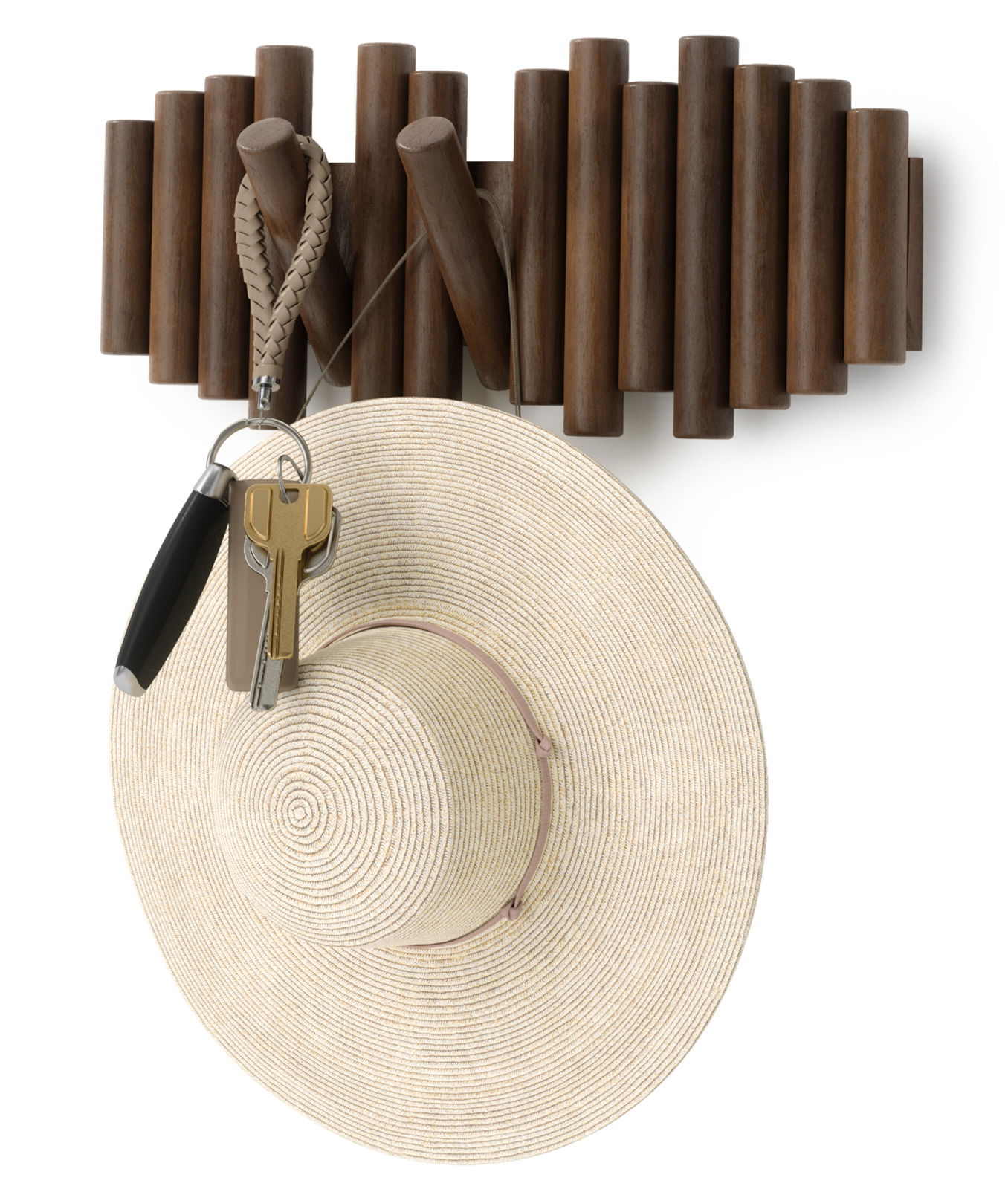 Wandgarderobe aus Holz mit mehreren Haken, an denen ein Strohhut und Schlüssel hängen, aus der Vorderansicht.