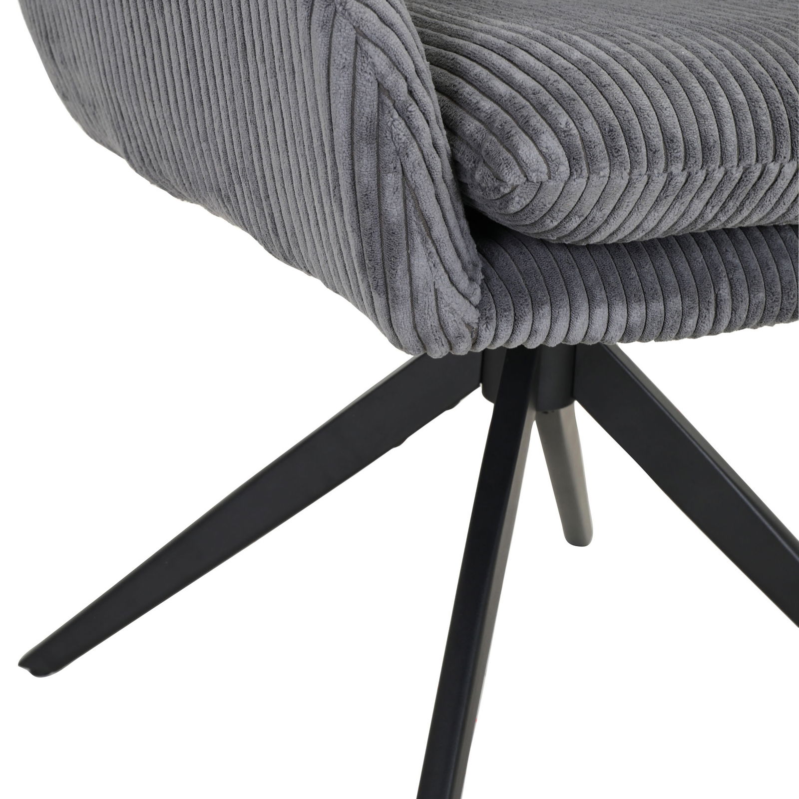 Grauer Armlehnstuhl mit geripptem Stoffbezug und schwarzem Metallgestell, seitliche Perspektive