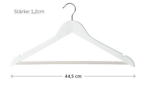 Witte houten kledinghanger met metalen haak, breedte 44,5 cm en dikte 1,2 cm, frontale aanzicht op witte achtergrond