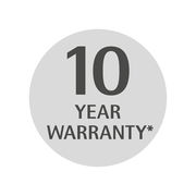 Rundes Symbol mit der Aufschrift '10 Year Warranty' in schwarzer Schrift auf grauem Hintergrund, Vorderansicht.