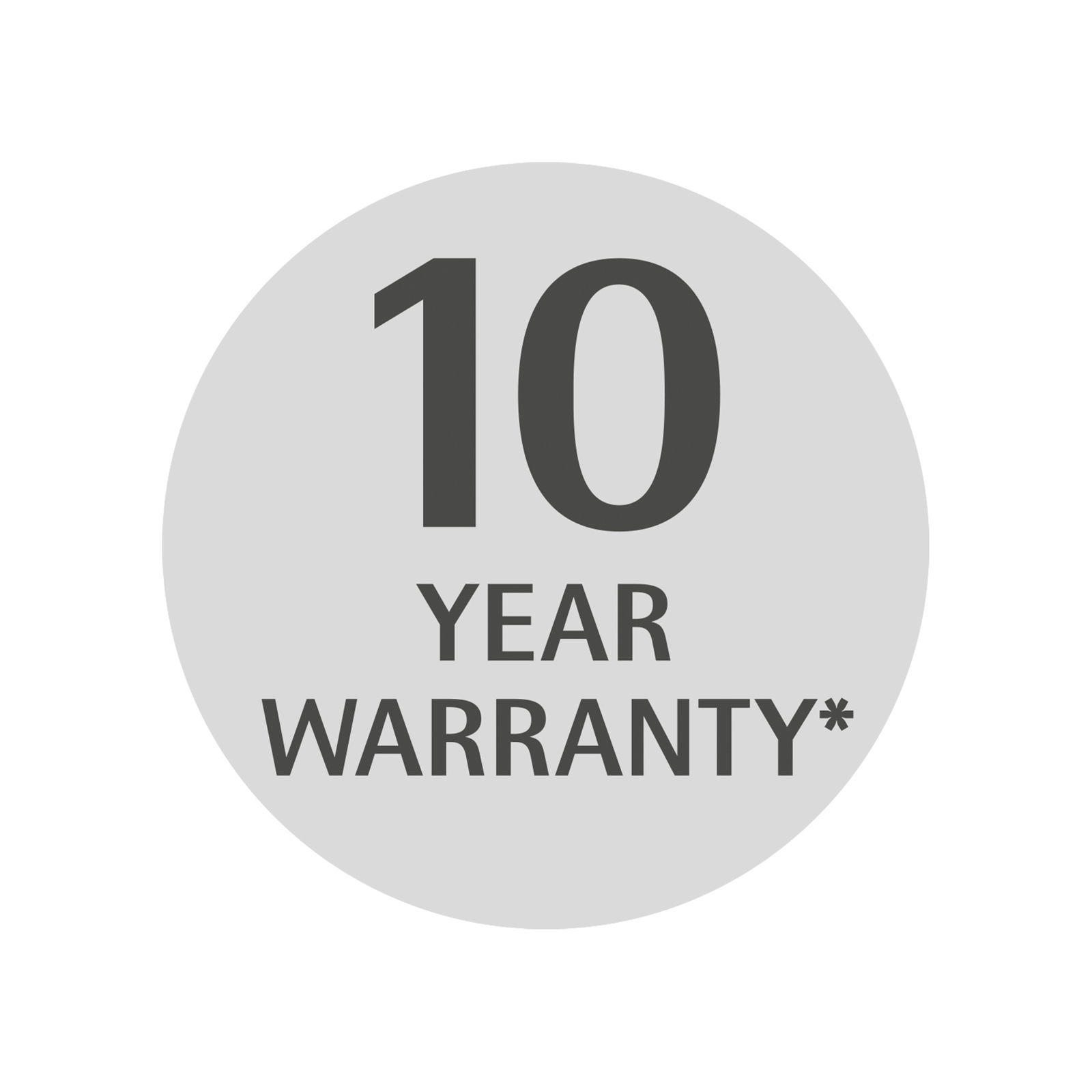 Rundes Symbol mit der Aufschrift '10 Year Warranty' in schwarzer Schrift auf grauem Hintergrund, Vorderansicht.