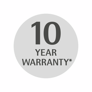 Rundes Symbol mit der Aufschrift '10 Year Warranty' in schwarzer Schrift auf grauem Hintergrund, Vorderansicht.