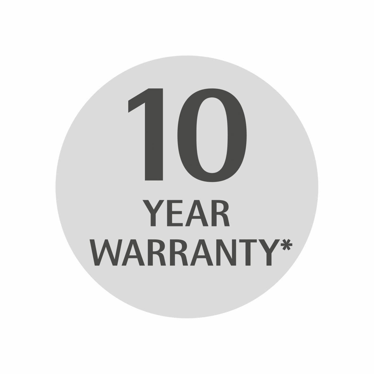 Rundes Symbol mit der Aufschrift '10 Year Warranty' in schwarzer Schrift auf grauem Hintergrund, Vorderansicht.