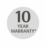 Rundes Symbol mit der Aufschrift '10 Year Warranty' in schwarzer Schrift auf grauem Hintergrund, Vorderansicht.