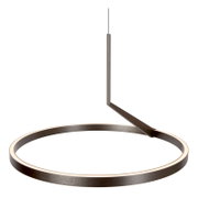 Moderne runde LED-Pendelleuchte als leuchtender Ring in gebürstetem Metall, an dünnem Kabel abgehängt, schräg von vorn/oben auf weißem Hintergrund dargestellt