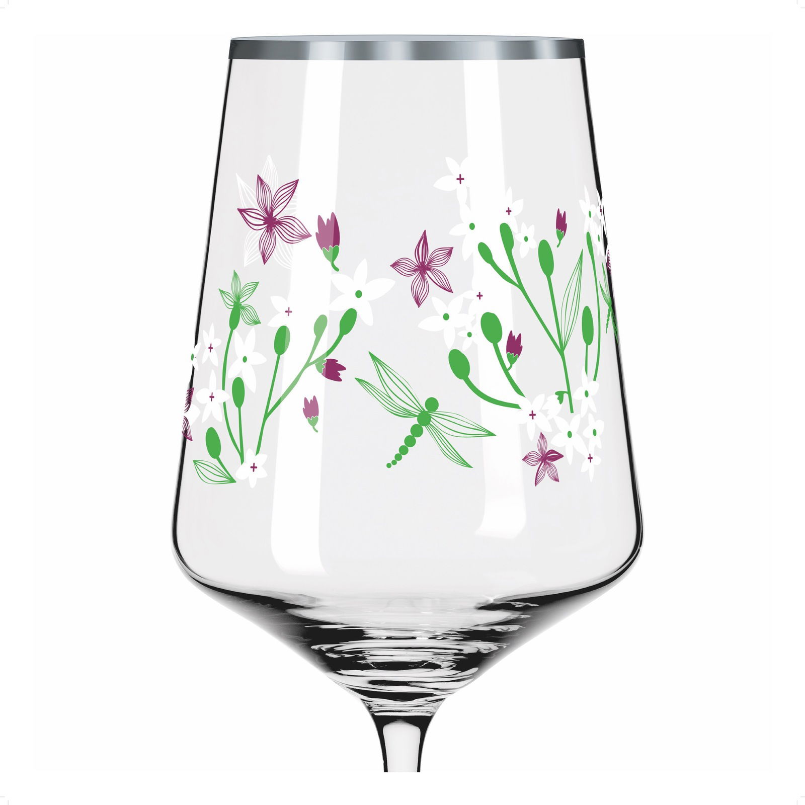 Weinglas mit floralen und Libellen-Motiven, seitliche Perspektive