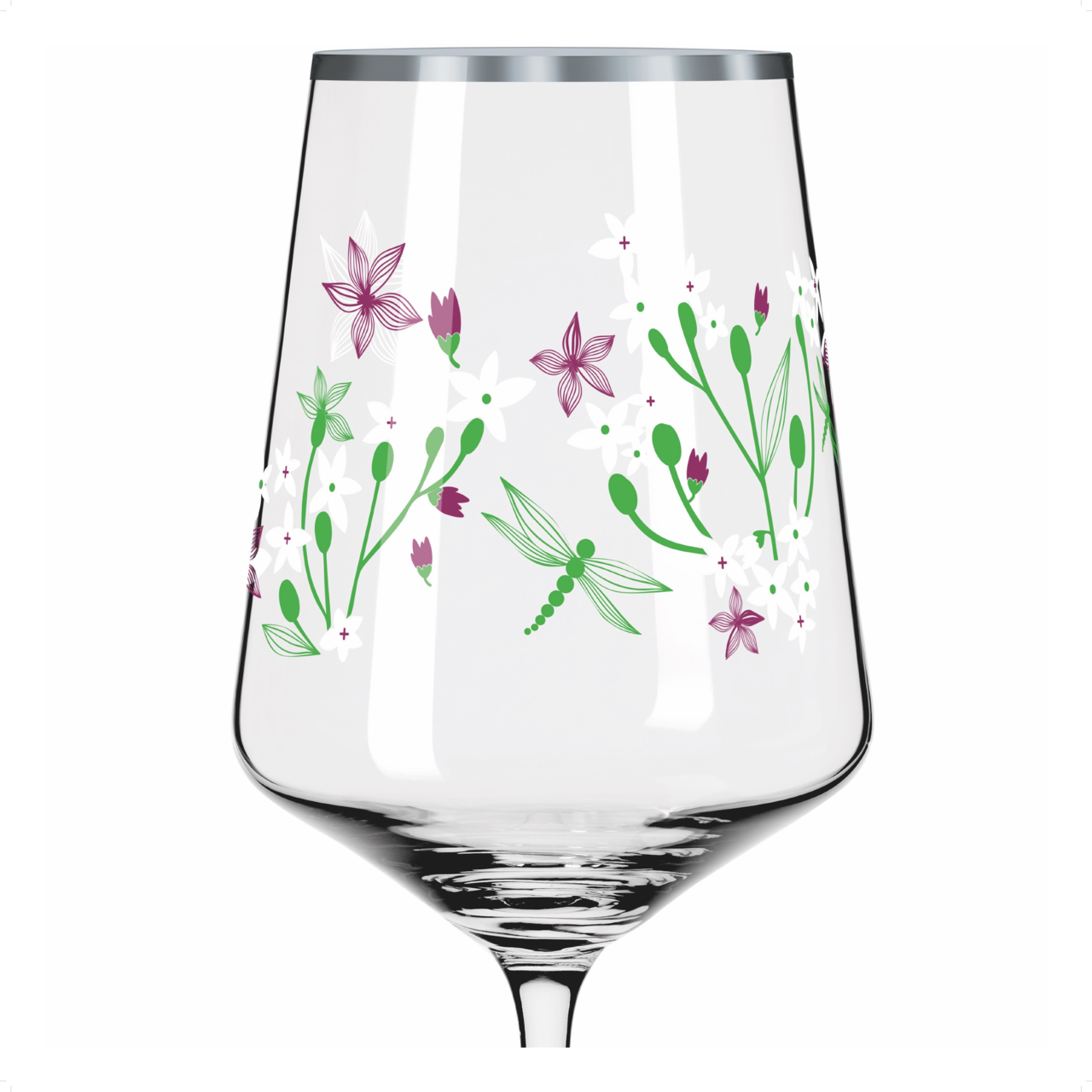 Weinglas mit floralen und Libellen-Motiven, seitliche Perspektive