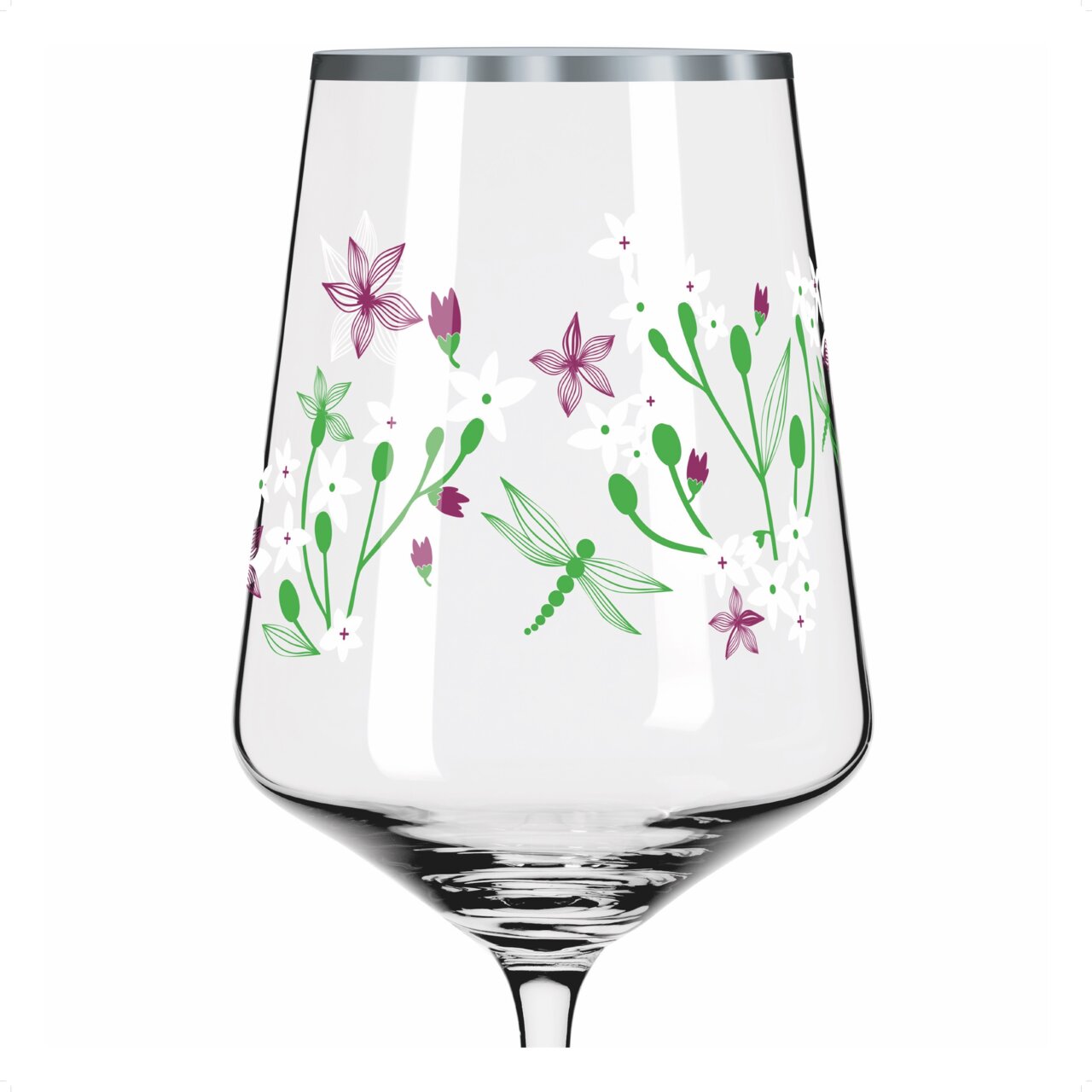 Weinglas mit floralen und Libellen-Motiven, seitliche Perspektive