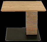 Moderner Beistelltisch aus Holz mit rechteckiger Tischplatte und einzigartigem gestreiften Mittelteil, frontal betrachtet.