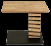 Moderner Beistelltisch aus Holz mit rechteckiger Tischplatte und einzigartigem gestreiften Mittelteil, frontal betrachtet.