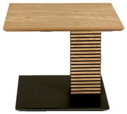 Moderner Beistelltisch aus Holz mit rechteckiger Tischplatte und einzigartigem gestreiften Mittelteil, frontal betrachtet.