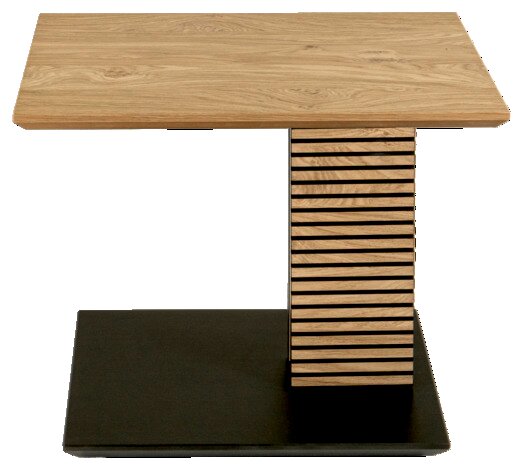 Moderne bijzettafel van hout met een rechthoekig tafelblad en een uniek gestreept middenstuk, gezien vanaf de voorkant.