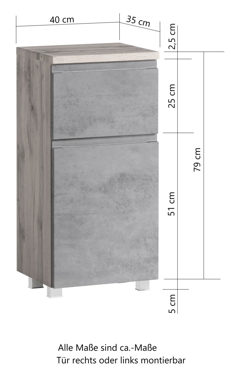 Unterschrank in Holzoptik mit grauer Front, Maße: 40 cm Breite, 35 cm Tiefe, 79 cm Höhe, Perspektive von vorne links