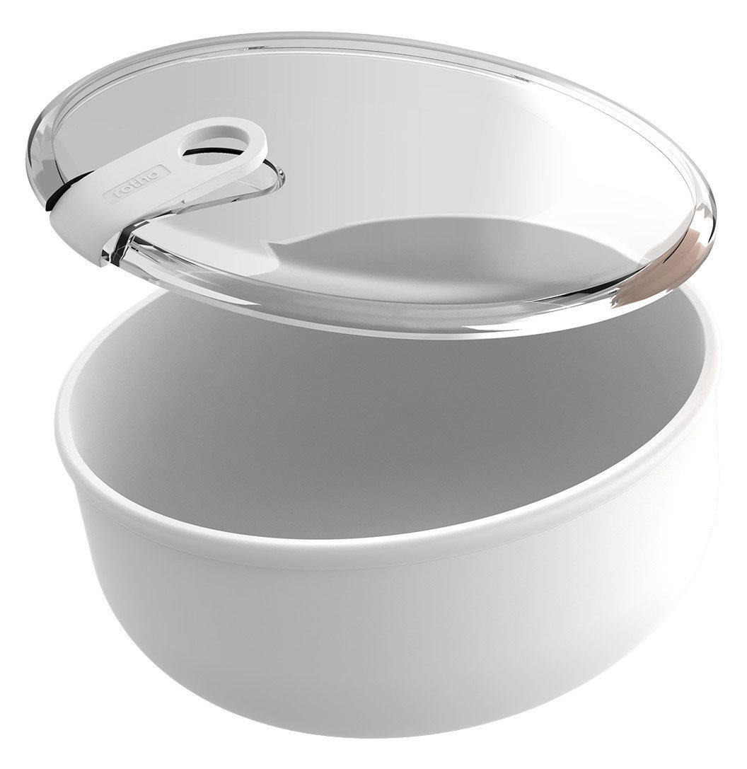 Frischhaltedose mit geöffnetem transparentem Deckel, seitliche Perspektive