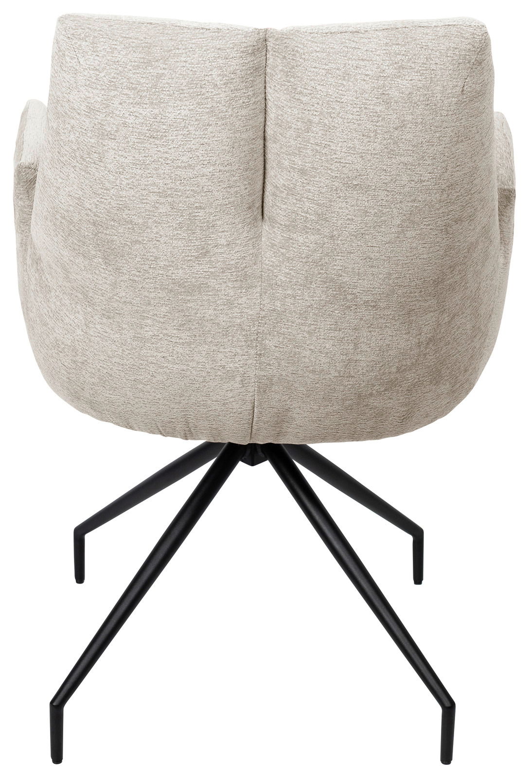 Rückansicht eines Armlehnstuhls mit beigem Stoffbezug und schwarzem Metallgestell.