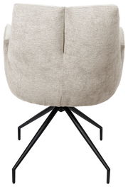 Rückansicht eines Armlehnstuhls mit beigem Stoffbezug und schwarzem Metallgestell.