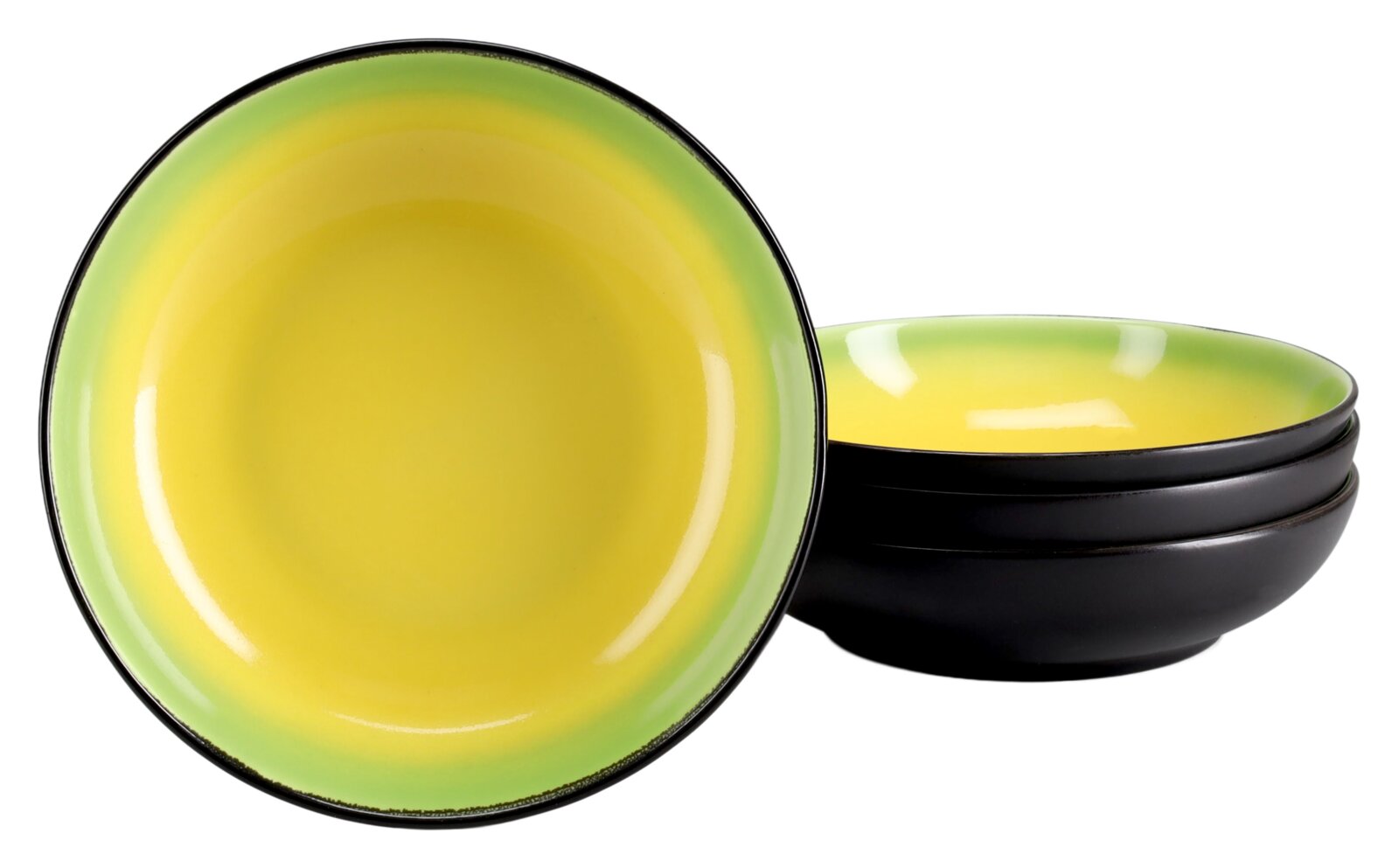 creaTable Poke Bowl 4-tlg. HOT GREEN Drei glänzende Schalen mit schwarzer Außenseite und gelb-grünem Farbverlauf innen, eine frontal präsentiert und zwei dahinter gestapelt in schräger Seitenansicht.