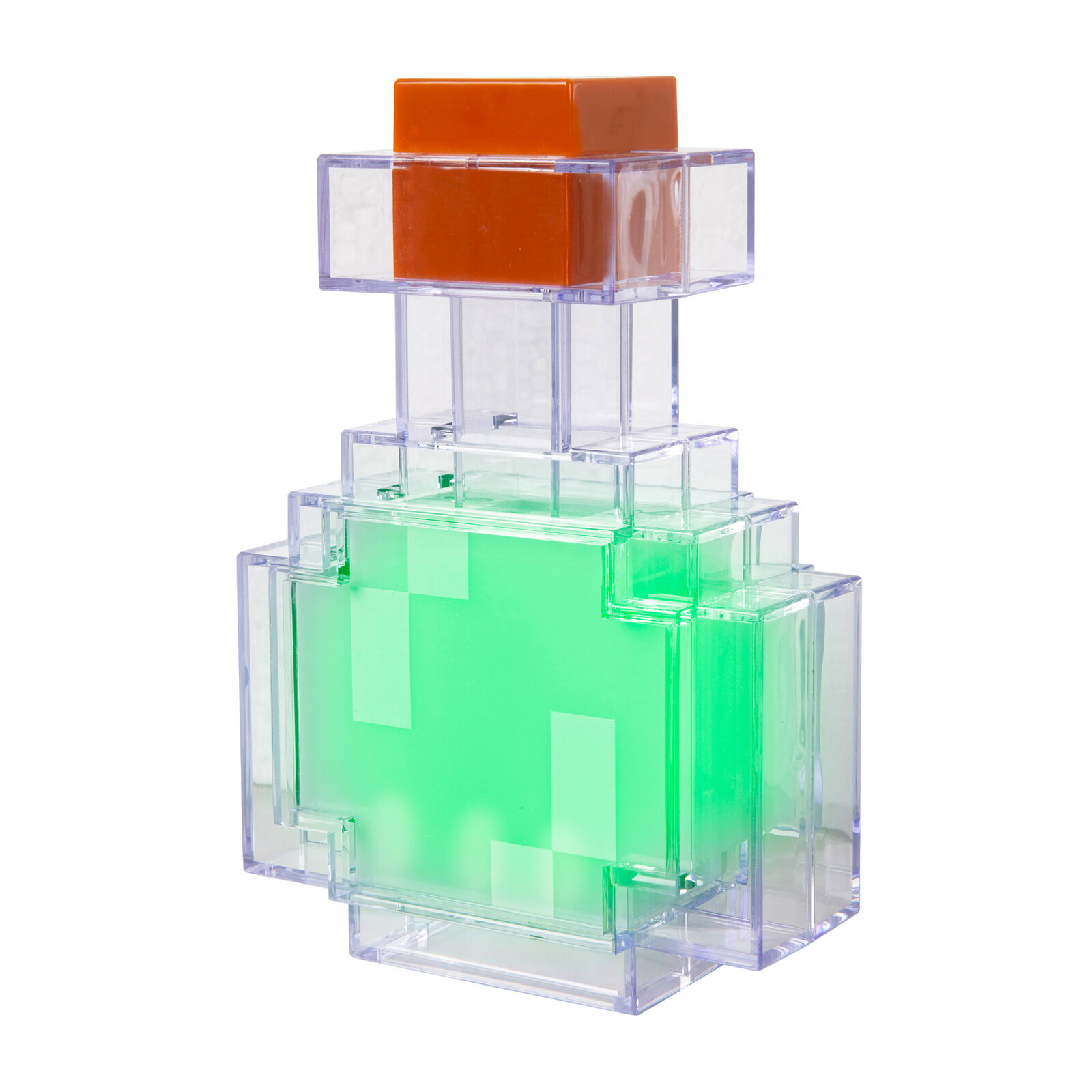 Transparenter, pixelartiger Flakon mit grünem Inhalt und orangefarbenem Deckel, freigestellt auf weißem Hintergrund, Frontansicht leicht von oben