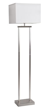 Moderne Stehleuchte mit rechteckigem, weißem Lampenschirm und schlankem, silbernem Gestell, seitliche Perspektive