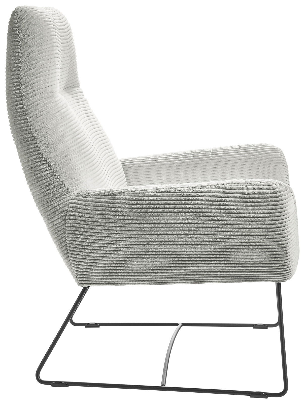 Seitenansicht eines modernen Sessels mit geripptem Stoffbezug und schlankem Metallgestell.