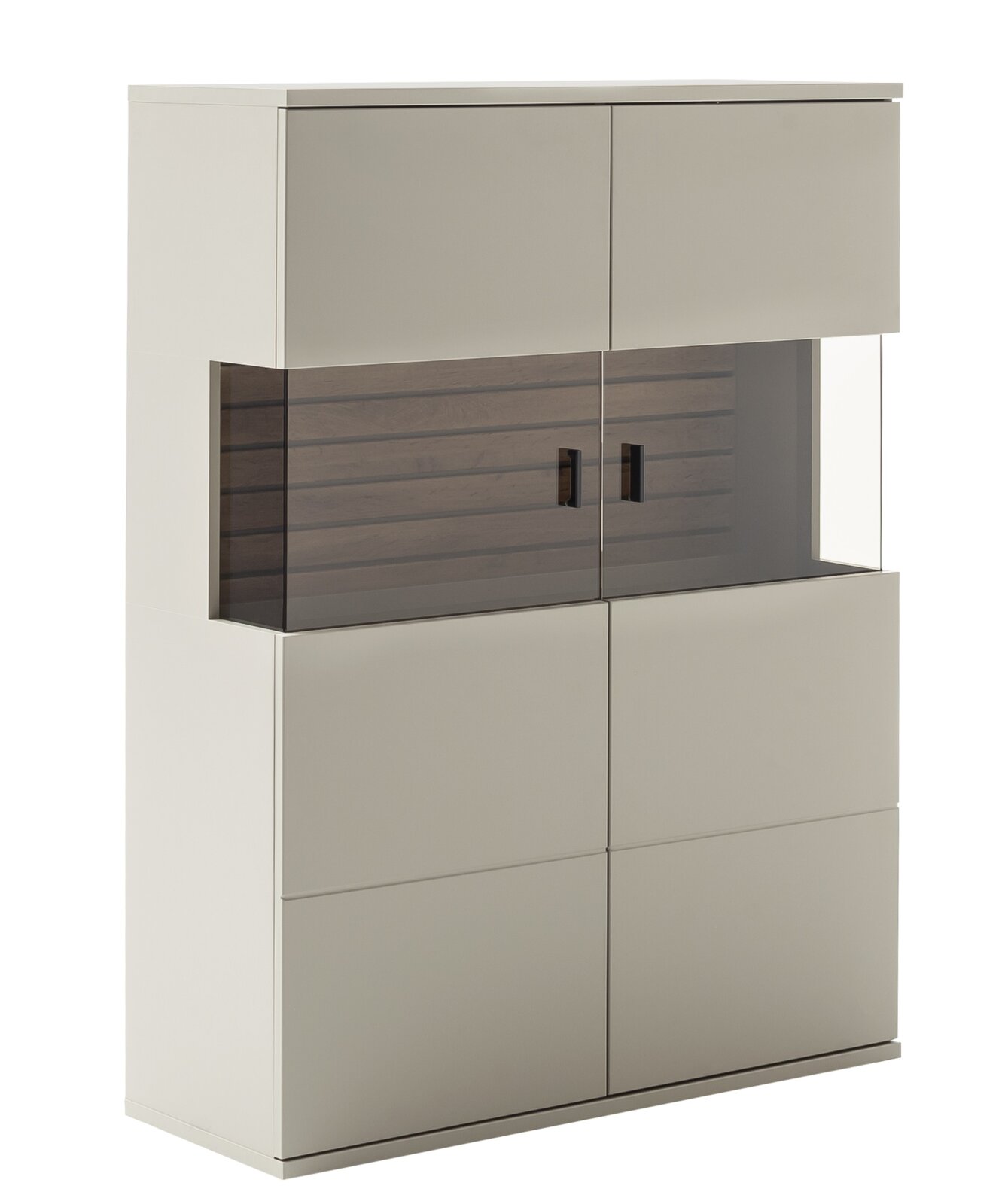 Modernes, hohes Sideboard/Vitrinenschrank in Weiß und Grau mit mittigem, getöntem Glasfach und zwei Griffen, freigestellt auf weißem Hintergrund, Frontansicht
