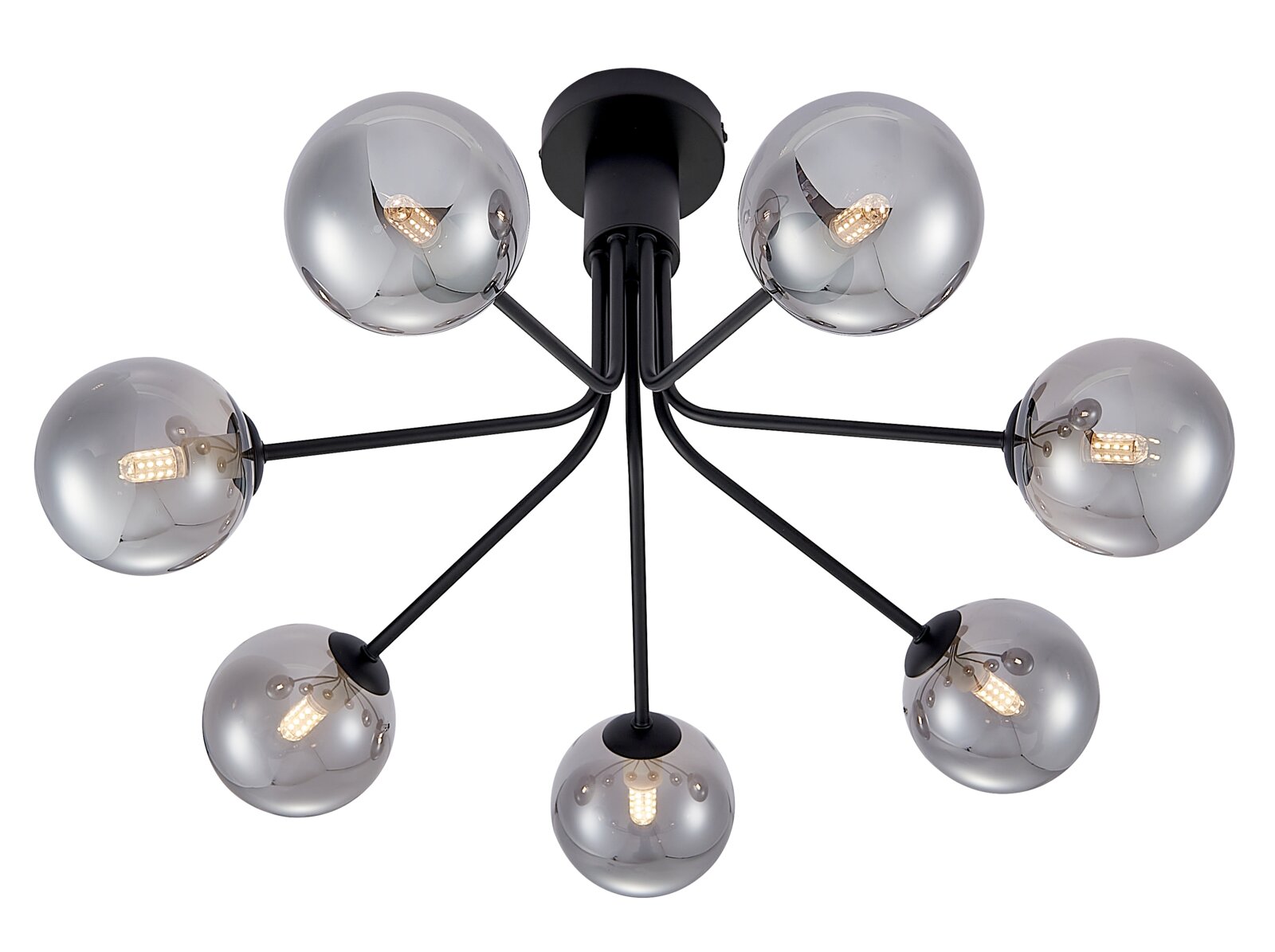 Moderne plafondlamp met zeven bolvormige, rookgrijze glazen bollen, gezien van onderaf.