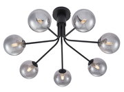 Moderne Deckenleuchte mit sieben kugelförmigen, rauchgrauen Glaskugeln, von unten betrachtet.