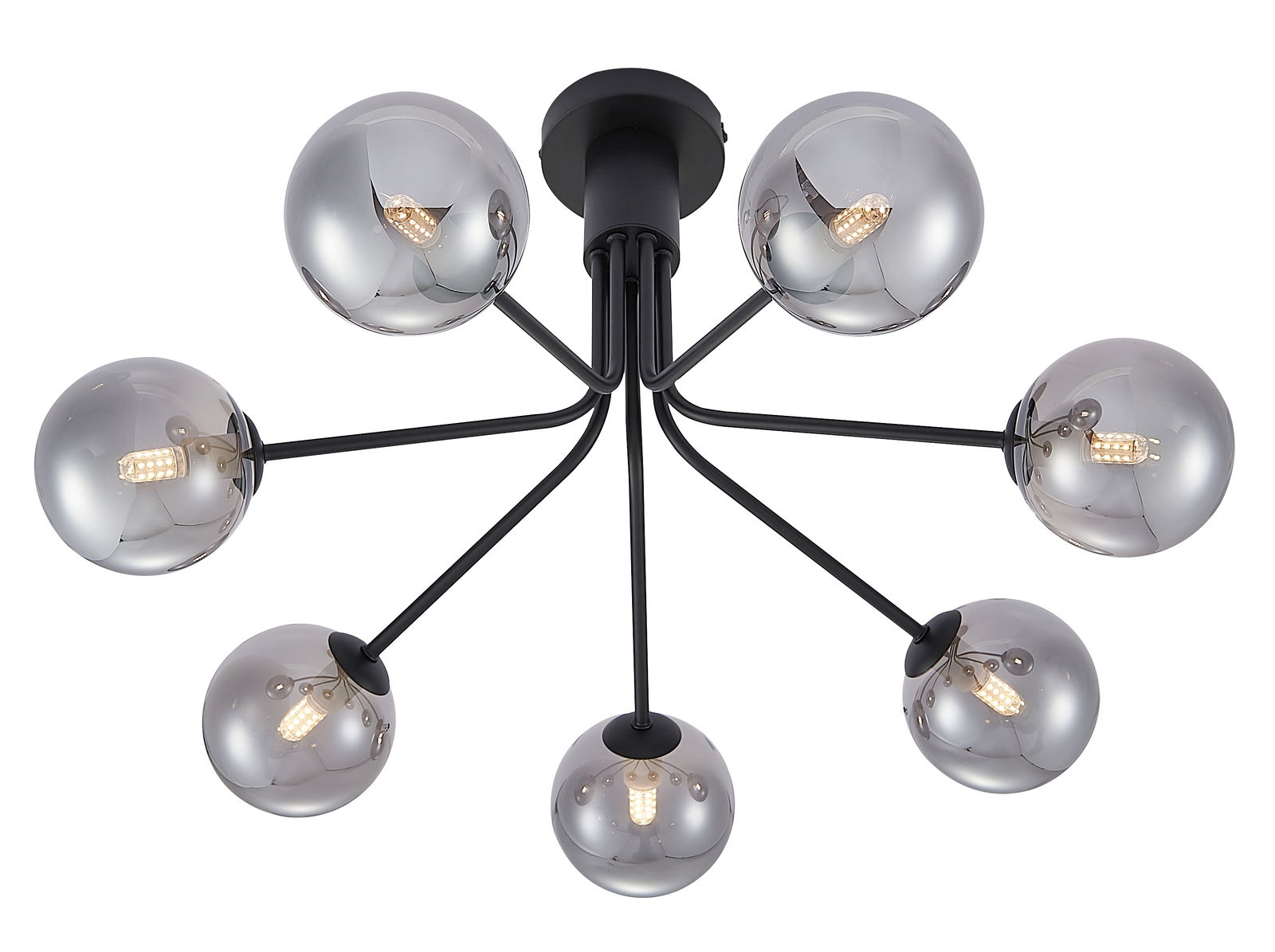 Moderne Deckenleuchte mit sieben kugelförmigen, rauchgrauen Glaskugeln, von unten betrachtet.