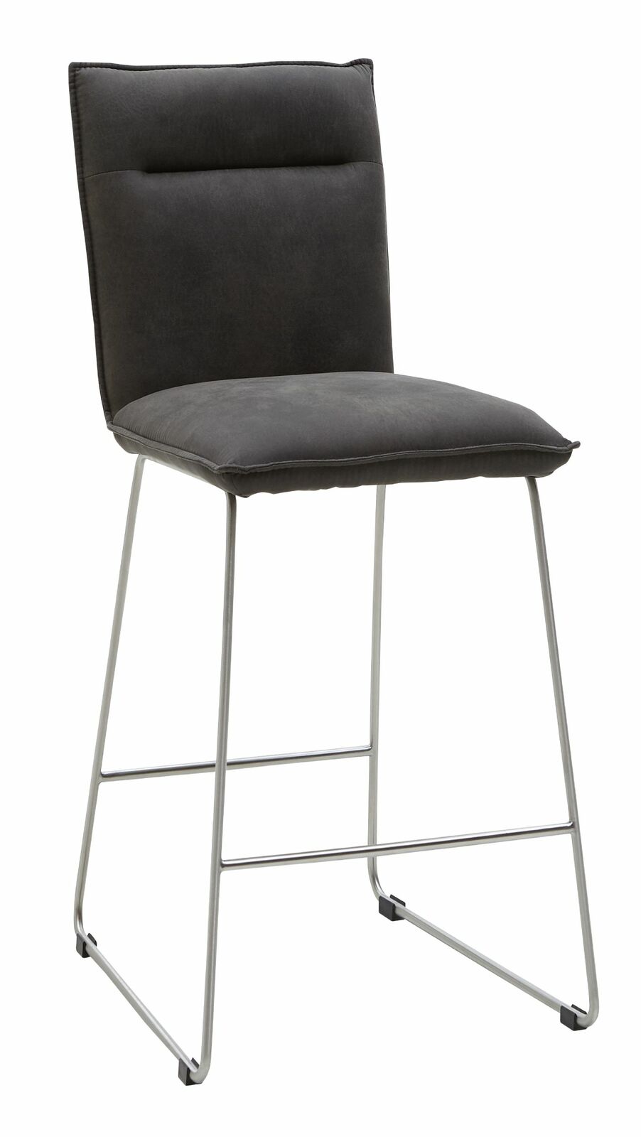 Moderner Tresenstuhl mit grauem Polstersitz und Rückenlehne, auf silbernem Metallgestell, seitliche Perspektive