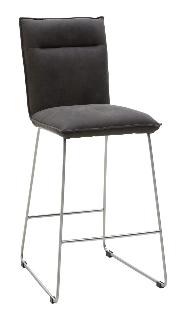 Valnatura Tresenstuhl SCALA Moderner Tresenstuhl mit grauem Polstersitz und Rückenlehne, auf silbernem Metallgestell, seitliche Perspektive