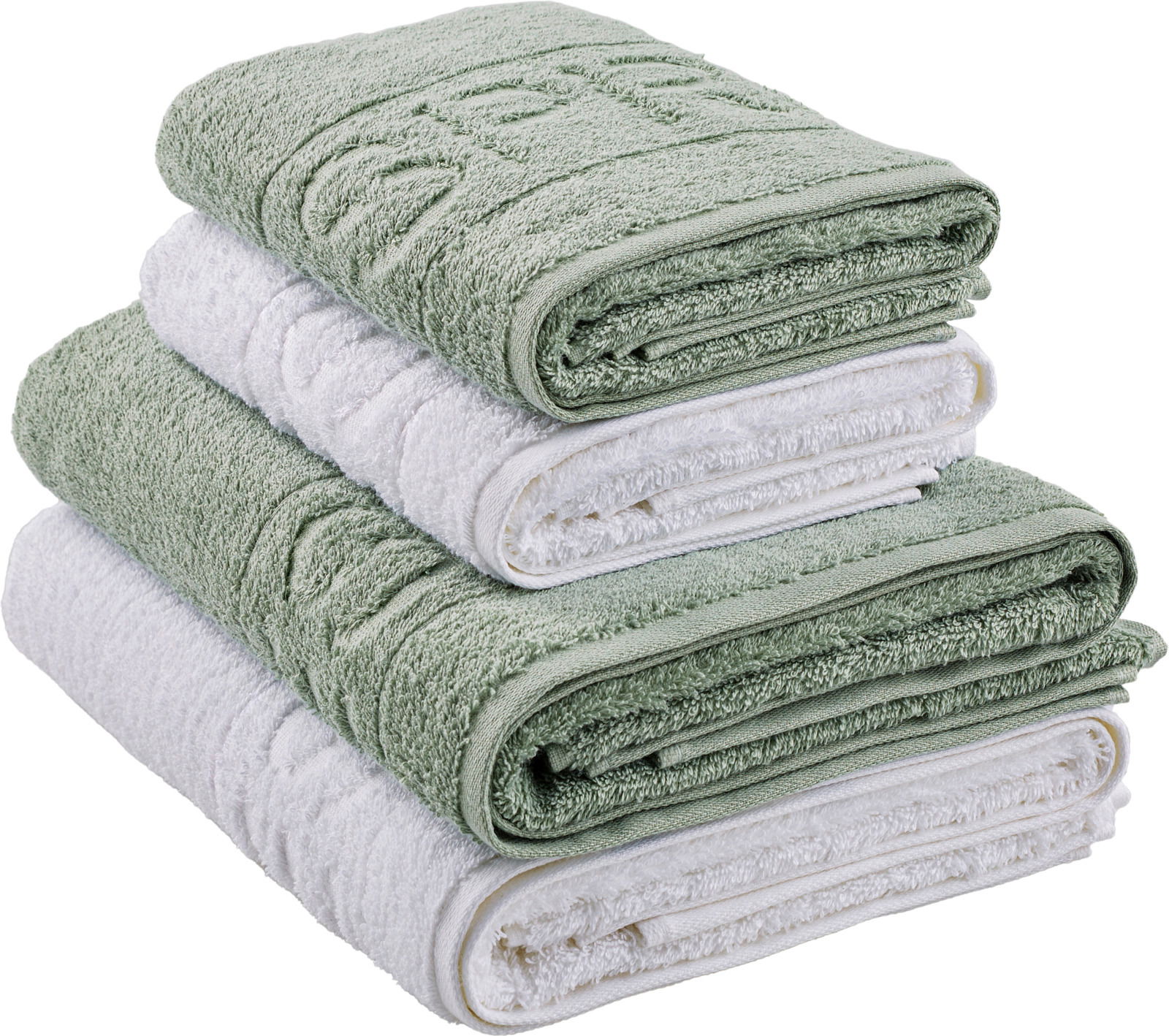 Ein Stapel aus vier Frottierhandtüchern in Grün und Weiß, seitliche Perspektive.