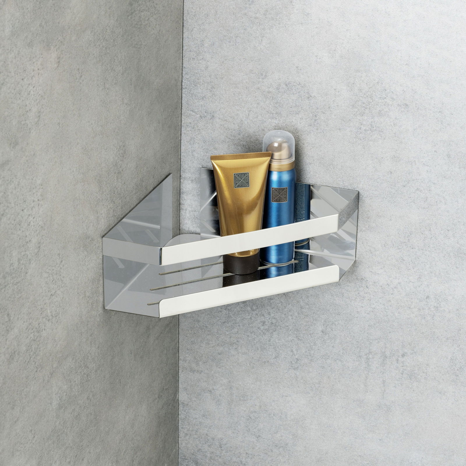 Schöner Wohnen Eckablage MELETO Eckablage Meleto, glänzend, montiert in einer Badezimmerecke mit Pflegeprodukten, seitliche Perspektive