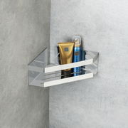 Eckablage Meleto, glänzend, montiert in einer Badezimmerecke mit Pflegeprodukten, seitliche Perspektive