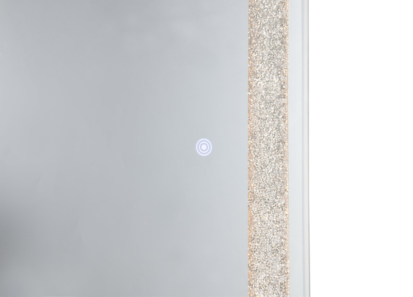 Nahaufnahme eines LED-Standspiegels mit glitzerndem Rahmen und Touch-Schalter, seitliche Perspektive