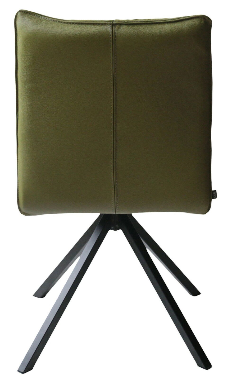 Rückansicht eines modernen Stuhls mit olivgrünem Polster und schwarzem Metallgestell