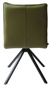 Rückansicht eines modernen Stuhls mit olivgrünem Polster und schwarzem Metallgestell