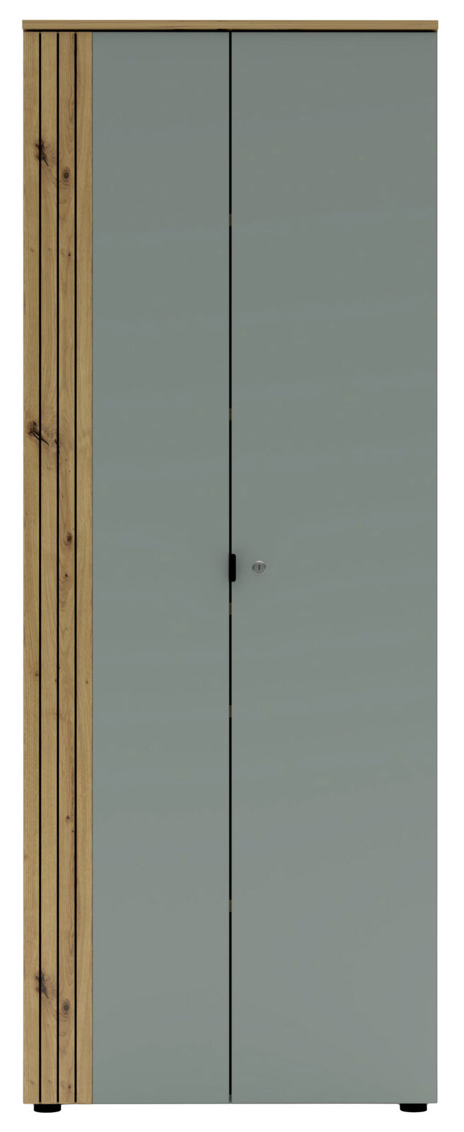 Büroschrank mit zwei Türen in grauer Farbe und Holzverkleidung an der Seite, Frontalansicht