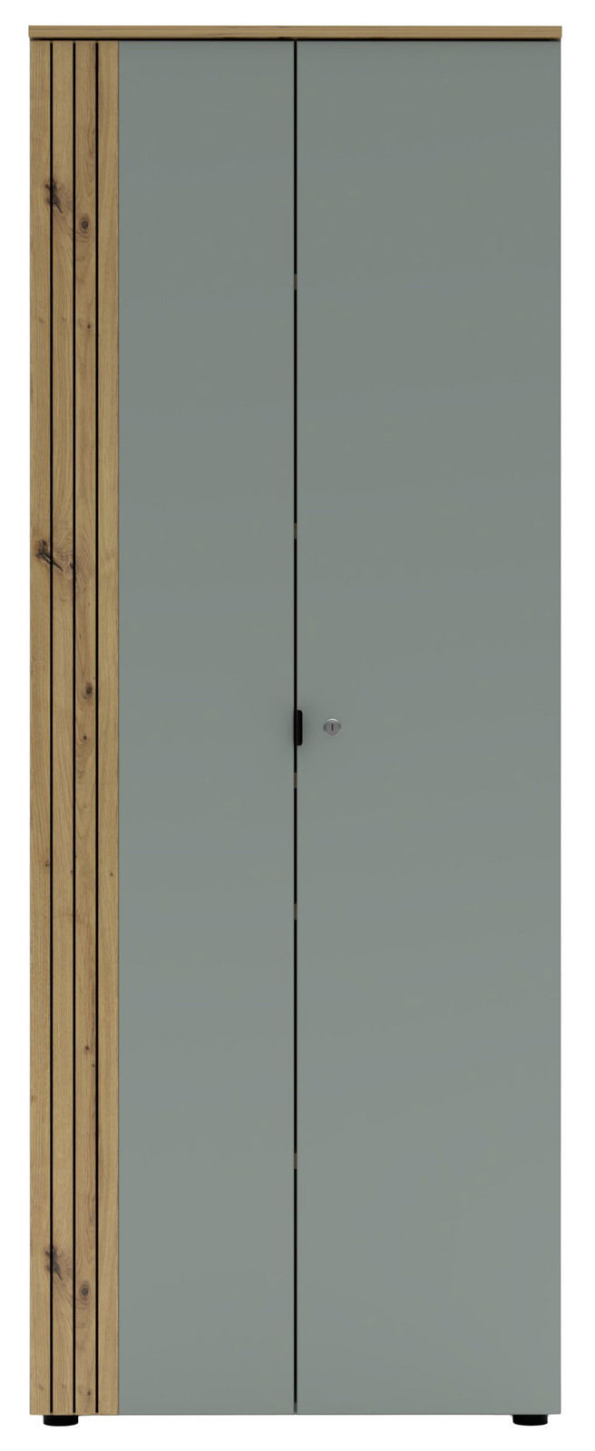 Büroschrank mit zwei Türen in grauer Farbe und Holzverkleidung an der Seite, Frontalansicht