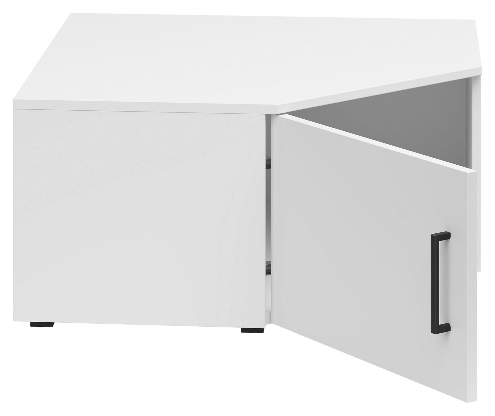 Weißer Eckaufsatzschrank mit geöffneter Tür, schwarze Griffleiste, Perspektive von vorne rechts